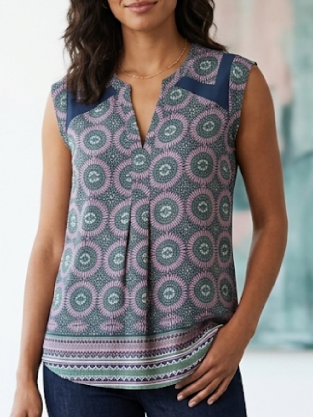 Anthropologie Daniel Rainn Sleeveless Split-Neck shirt in Pink, Green & Navy NWT